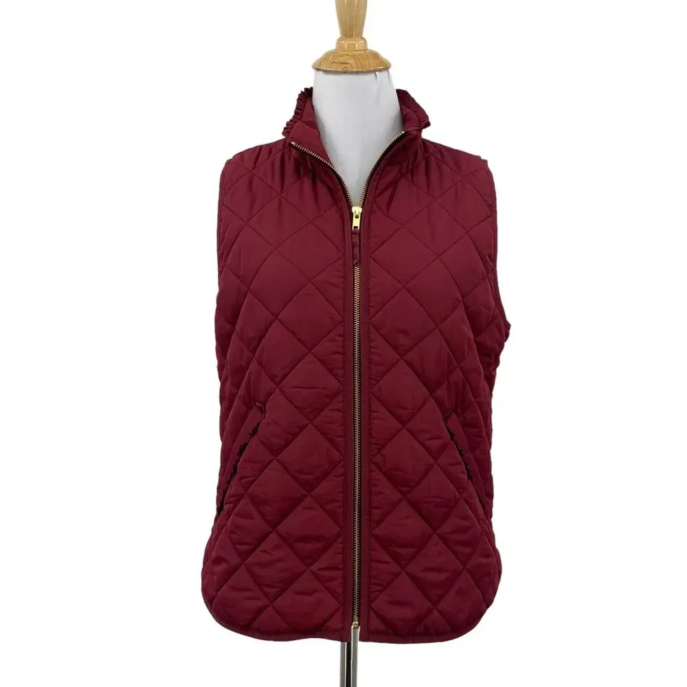 J Crew Vest Womens S Small Garnet‎ Mercantile Ruffle Quilted Puffer Full Zip